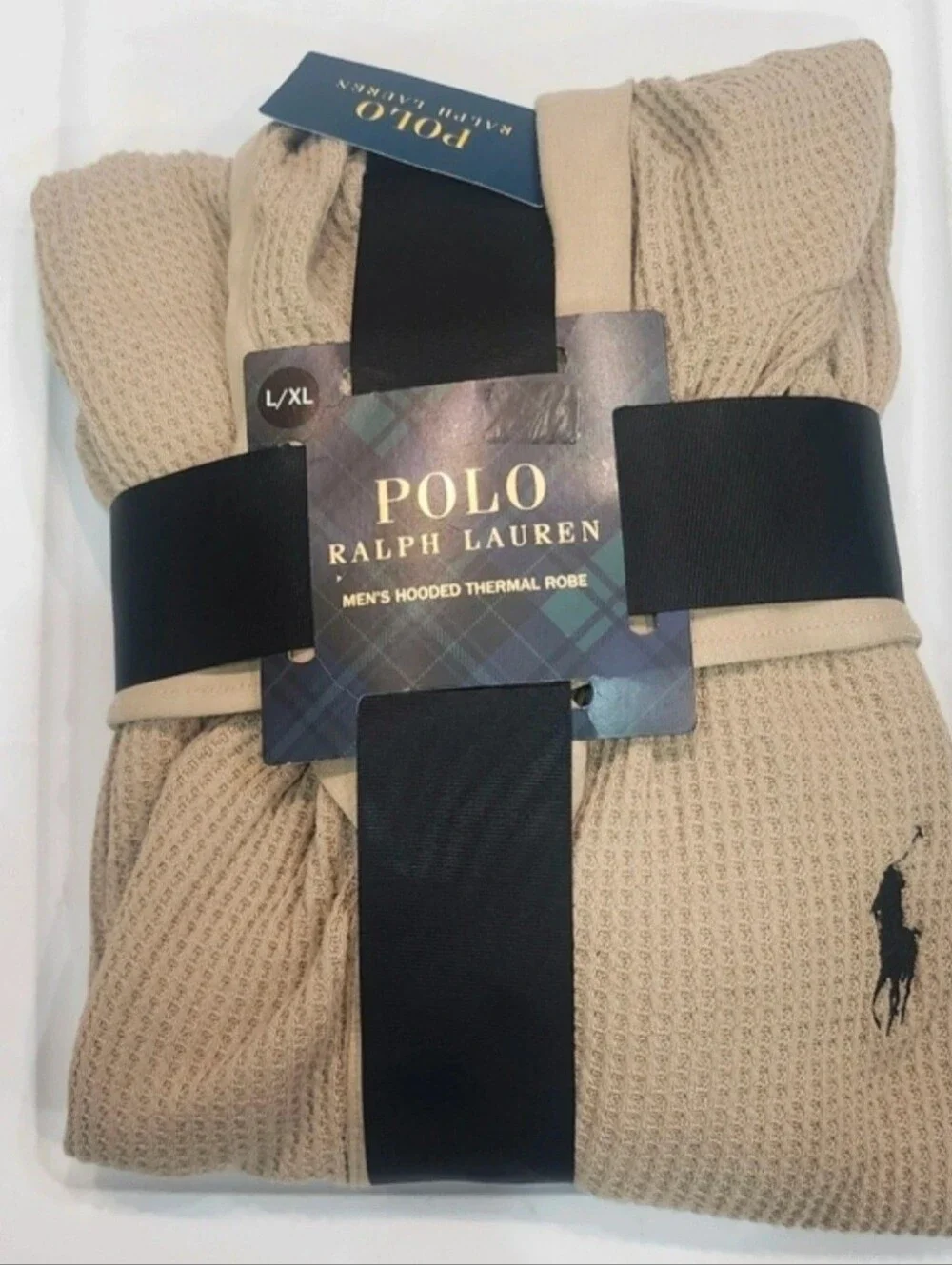 Polo by Ralph Lauren Men's Hooded Thermal Robe - Beige with Black Logo